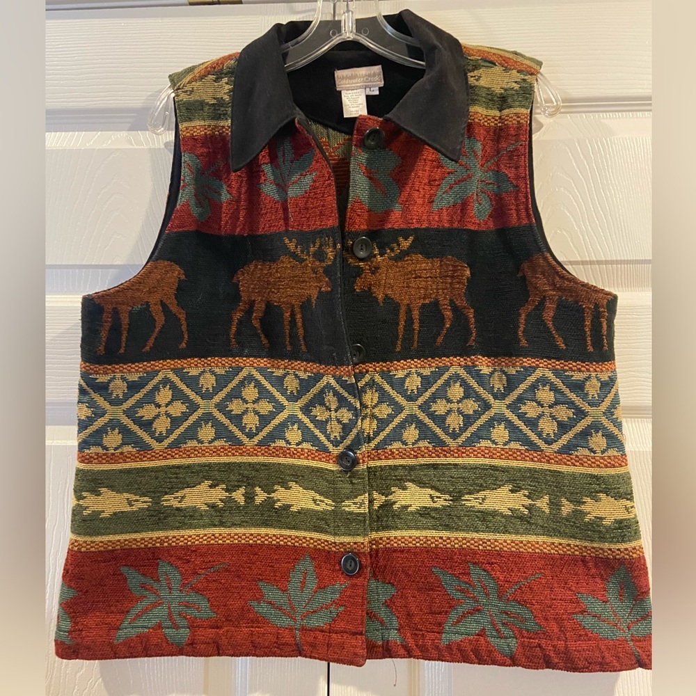 Coldwater Creek Vest Top Grandma Chic Brocade autumn Elk Moose Holiday Cabin L